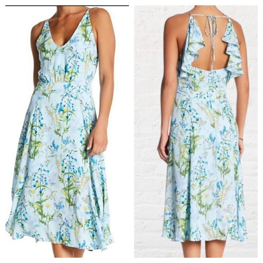 Adelyn Rae ruffle floral midi open back sky blue dress sz M
